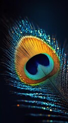 Obraz premium Vibrant peacock feather with shimmering hues and delicate texture, representing grace, nature’s artistry, and organic patterns, ideal for creative projects, comic book style