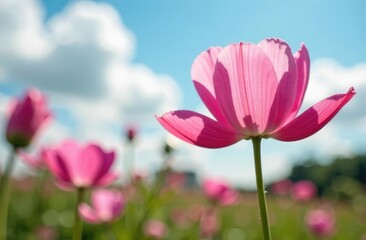 Obraz premium Beautiful pink flowers anemones and God's cow in spring nature in the open air against the blue sky, macro, soft focus. Magic colorful artistic image of the tenderness of nature, spring flower wallpap