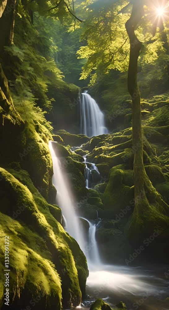 Poster a beautiful waterfall in the forest cascading down moss blank covered rocks surrounded by tall ancie