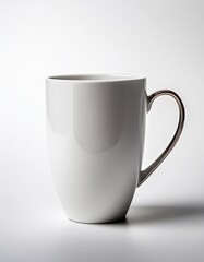 Elegant white ceramic mug with a unique curved handle on a light background