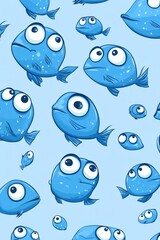 Fototapeta premium Seamless pattern with cute blue fish swimming on a light blue background, ideal for children's products and textiles
