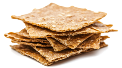 A stack of crackers on a white background. The crackers are brown and have a slightly crunchy texture. Concept of indulgence and comfort