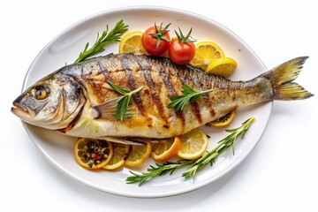 Grilled Fish on Plate, Delicious Seafood Meal, Isolated White Background - Stock Photo