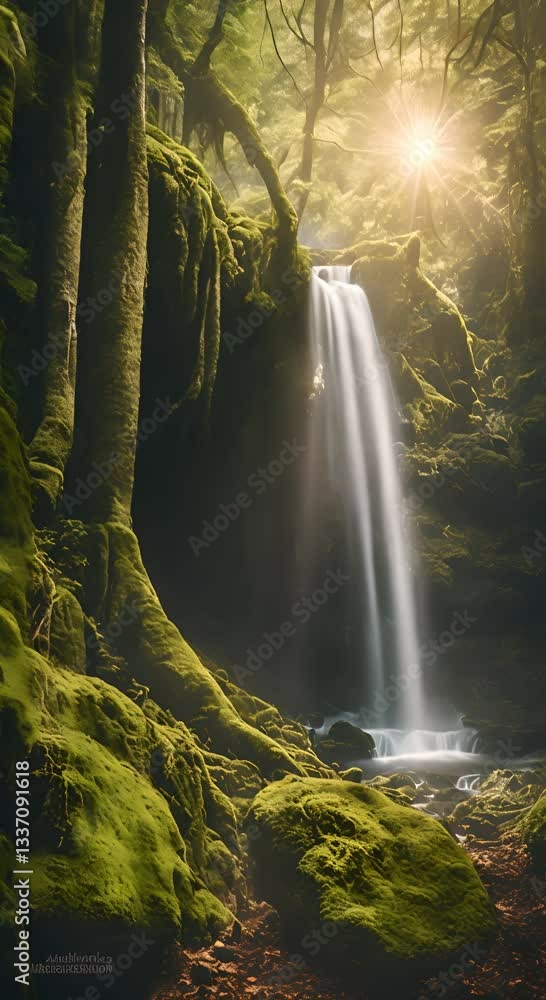 Poster a beautiful waterfall in the forest cascading down moss blank covered rocks surrounded by tall ancie