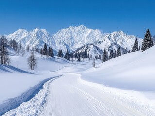 Fototapeta premium Serene snow-covered mountain landscape with winding road and clear skies