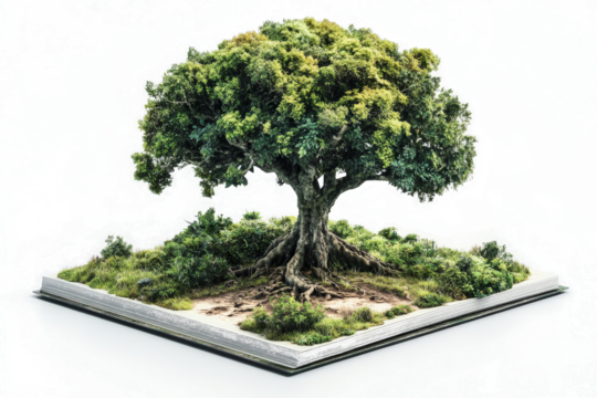 a miniature tree on a book cutout image and isolated on transparent background 