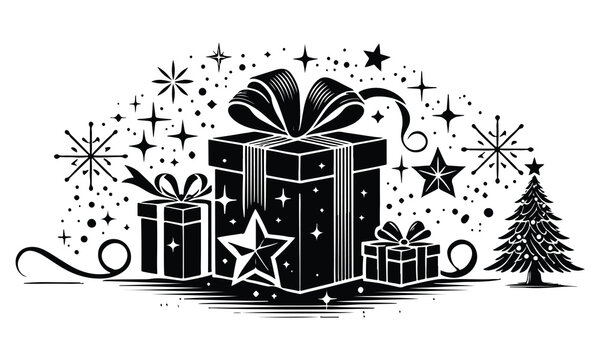 recommend clip art: silhouette gift box, Gift Box with ribbon, black gift box silhouette icon vector illustration