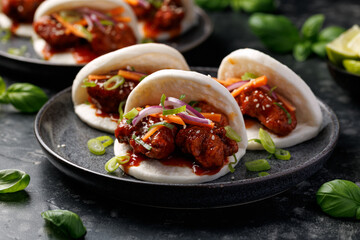 Korean Fried Chicken Bao Buns with vegetables. Asian fast food