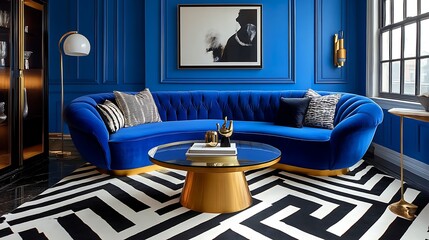 Interior of Classic Blue Living Room with Blue Sofa Coffee Table and Black and White Carpet 3D Render..