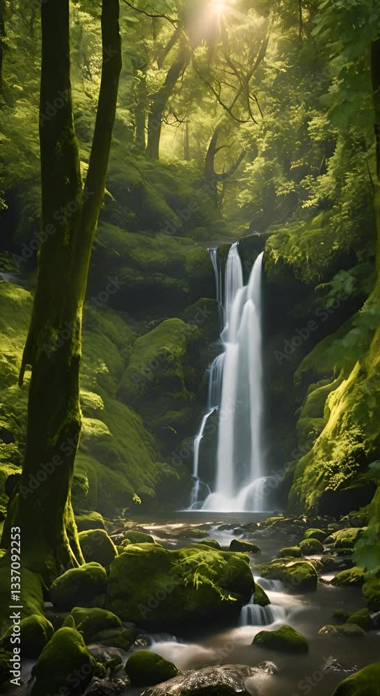 Poster a beautiful waterfall in the forest cascading down moss blank covered rocks surrounded by tall ancie