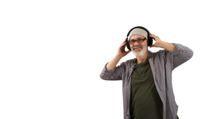Portrait of a contented adult gray-haired man wearing wireless headphones. Png.