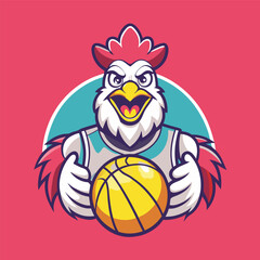 Mascot of a Cartoonish Chicken Playing Basketball in a Dynamic Pose