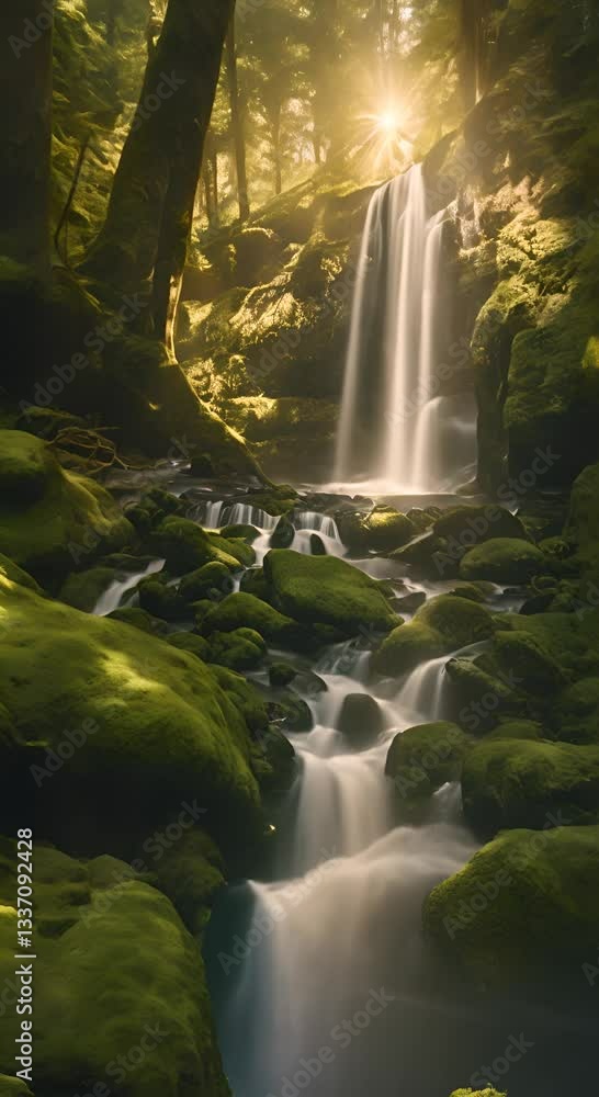 Poster a beautiful waterfall in the forest cascading down moss blank covered rocks surrounded by tall ancie