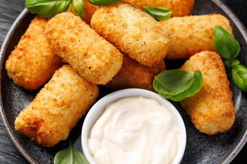 Homemade potato croquettes with mayonnaise. Traditional croquette.