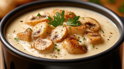 Creamy mushroom soup with fresh parsley in a cozy setting featuring rich textures and warm tones