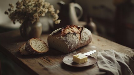 A rustic loaf of bread with butter and a knife on a wooden table, styled with a homey, comforting vibe