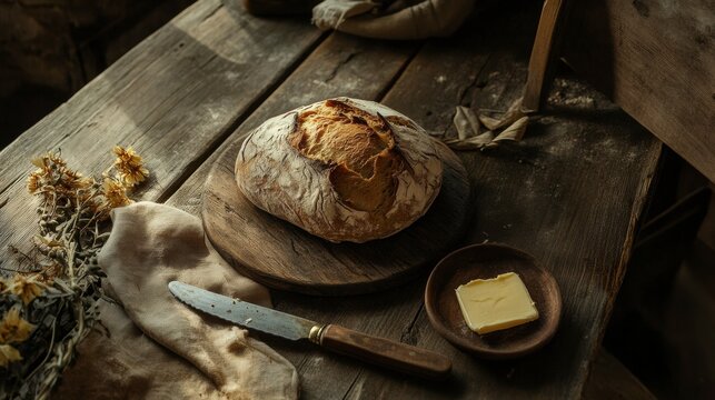 A rustic loaf of bread with butter and a knife on a wooden table, styled with a homey, comforting vibe