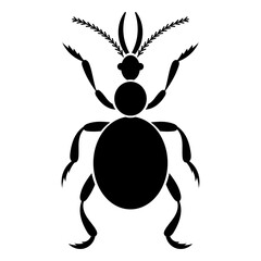 Vector black silhouette of bug isolated on white background. Doodle insect. Nature and biodiversity insect specie. Simple illustration of beetle icon for web.