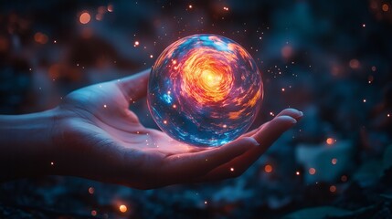 Holding a Tiny Glowing Universe in Hand – Power of the Mind and Thought Control – Cosmic Energy and Imagination – Surreal Concept Art
