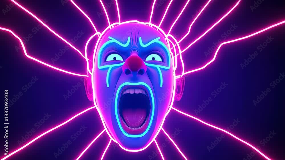 Poster neon digital illustration of screaming face with exaggerated features and vibrant lines creating dyn