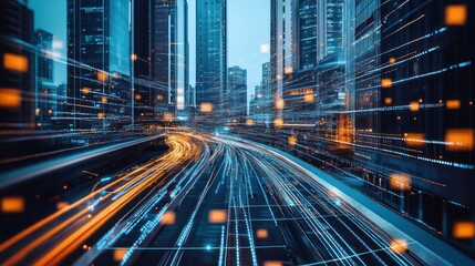 Obraz premium Abstract cityscapes, moving vehicles, urban light trails, modern architecture, photo use for technology, and urban lifestyle