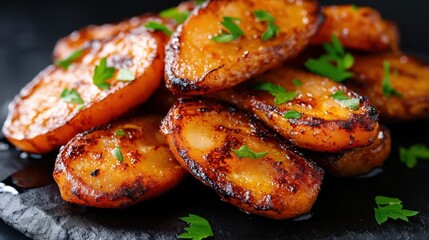Elegant roasted carrots sliced diagonally with a sweet honey glaze and fresh parsley garnish