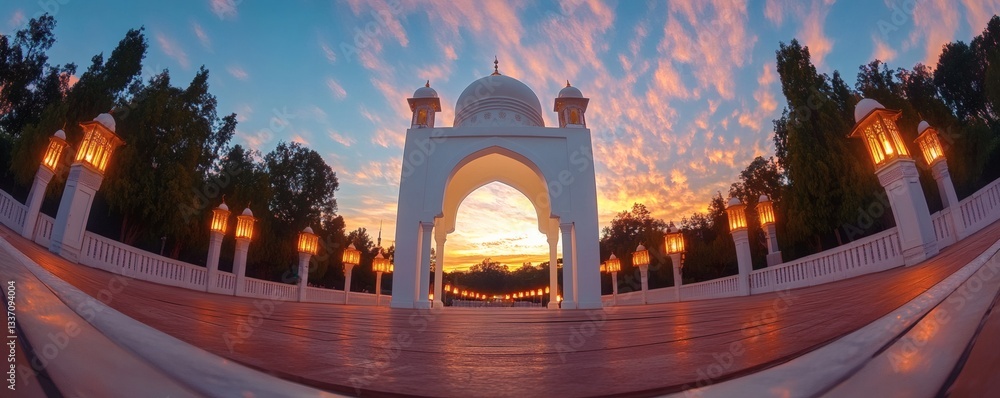 Poster a beautiful architectural structure illuminated during a sunset display