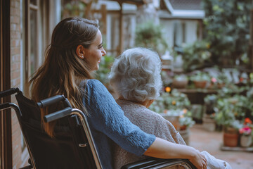 Young Woman and Elderly Lady in Wheelchair Sharing a Warm Moment – Heartfelt Smiles, Gentle Hand-Holding, and Deep Connection in a Cozy Home Setting