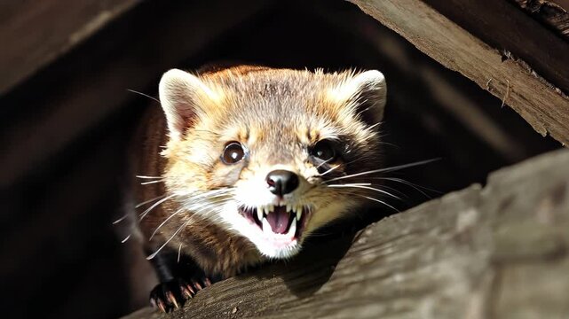 A marten reveals its sharp teeth while perched in a wooden structure, displaying a mix of curiosity and aggression during daylight. The creature seems alert and ready. A marten under the roof