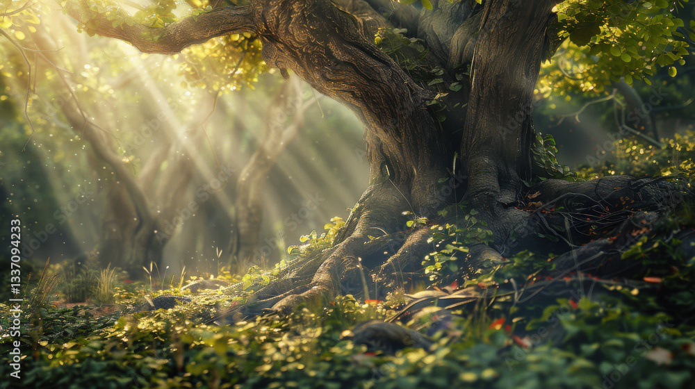 Poster serene forest scene featuring majestic tree with sunlight filtering through leaves, creating tranqui