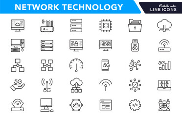 Network Technology icon set. Network and Internet, smart home, control, system, technology, alarm, surveillance, lock, computer, wifi, communication line icon set. UI thin line icon pack.