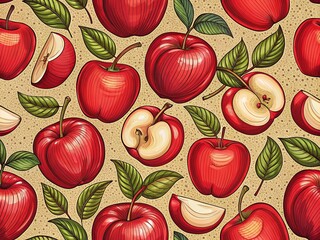 Hand-Drawn Red Apple Pattern: Flat Design  Fruit Background Texture