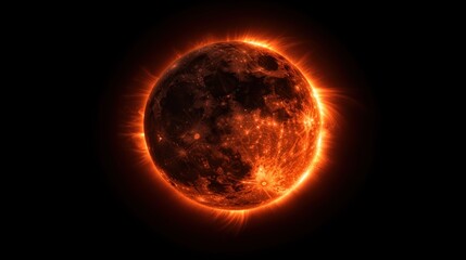 Fiery celestial body, close-up view, fiery moon, solar eclipse effect, digital art