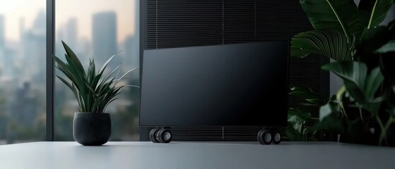 Fototapeta premium Empty TV on wheels, plants, city view, modern office