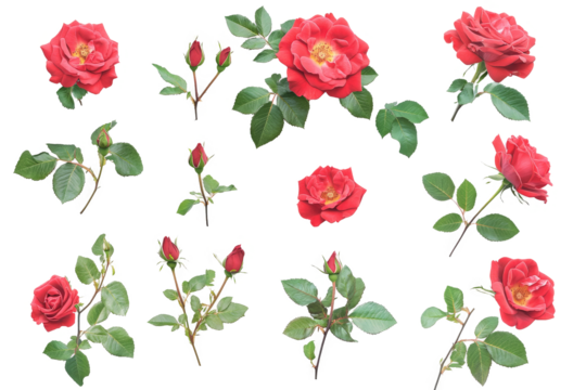 red rose flower collection cutout image and isolated on transparent background 