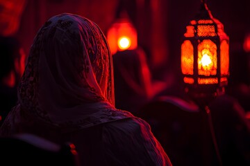 Mysterious Dusk: The silhouette of a veiled figure stands amidst a vibrant display of lanterns, their warm glow illuminating the scene with a mystical aura.