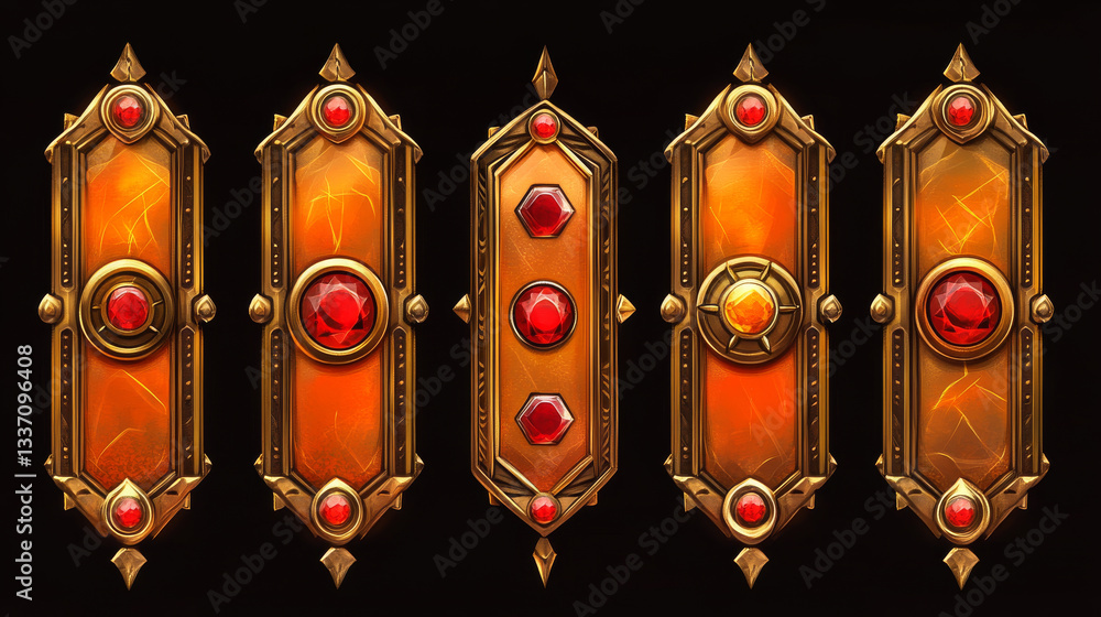Poster game button magic collection - golden frames with ruby gem accents. fantasy interface elements with 