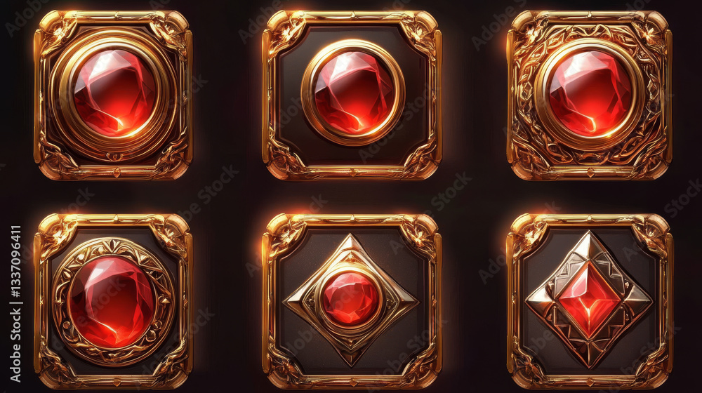 Poster game button magic collection - golden frames with ruby gem accents. fantasy interface elements with 