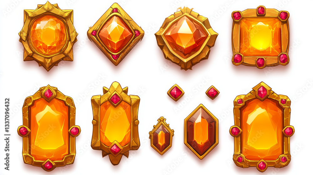 Poster game button magic collection - golden frames with ruby gem accents. fantasy interface elements with 