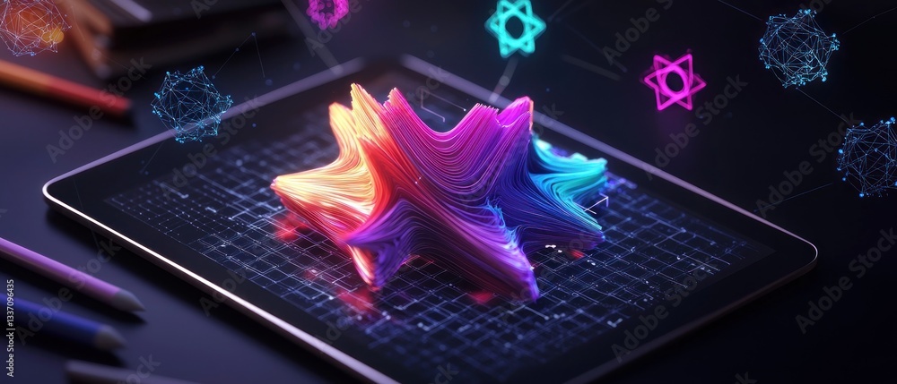 Aufkleber abstract colorful 3d shape on tablet with digital graphic background