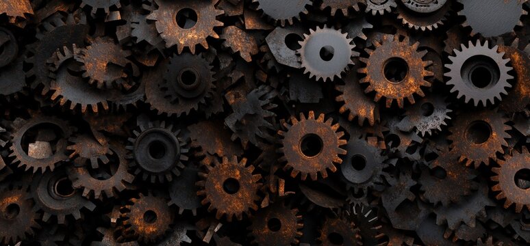 Rusty gears piled high, intricate details - Powered by Adobe
