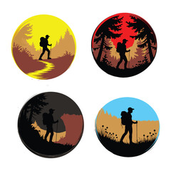 Circular Hiking Silhouettes: Vibrant Outdoor Scenes Vector Adventure Set