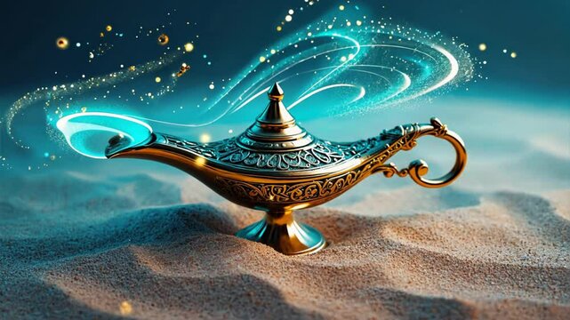 Magic from the Lamp: An antique lamp, emanating swirling magical light on the desert sand, conjuring a sense of mystery, wonder, and the extraordinary.