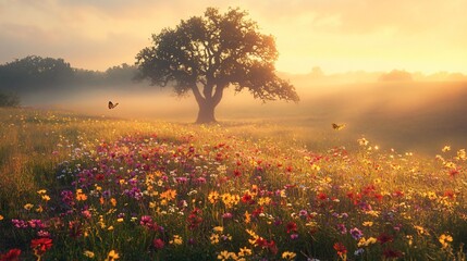 A sunlit field of wildflowers with butterflies, mist and a lone tree evokes a dreamy, tranquil atmosphere.