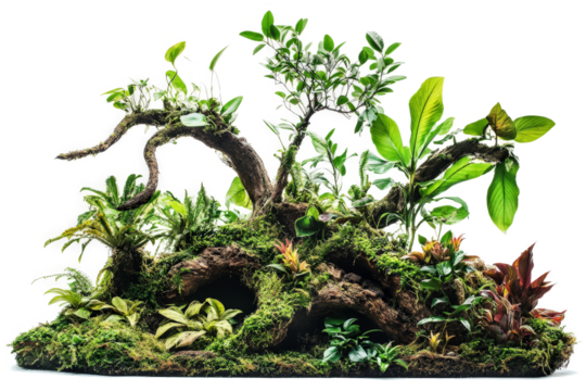 a moss terrarium with a tree and plants cutout image and isolated on transparent background 