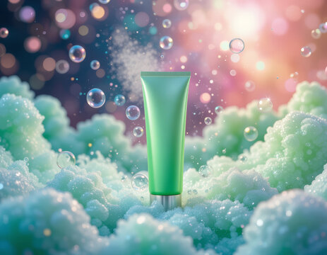 mockup sleek green gradient skincare tube glowing amidst magical psychedelic foam bubbles, business, cosmetics