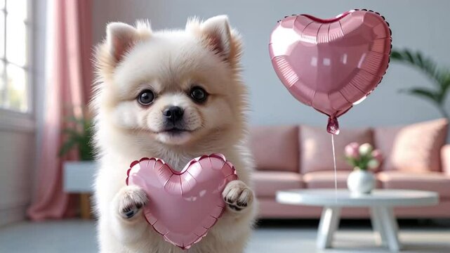 Adorable spitz puppy holds heart in modern living room

