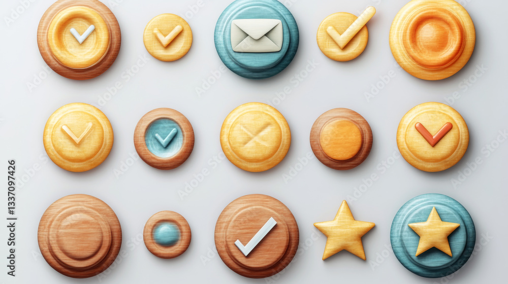 Poster circle buttons with cheese texture and symbols of search, mail, home, star, arrows, delete, check an
