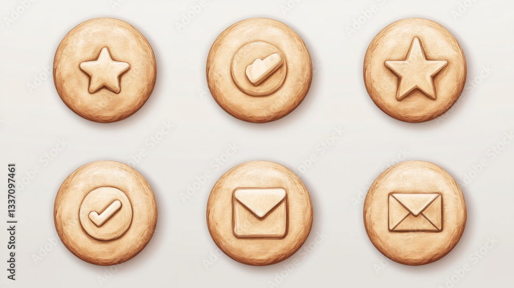 Poster circle buttons with cheese texture and symbols of search, mail, home, star, arrows, delete, check an