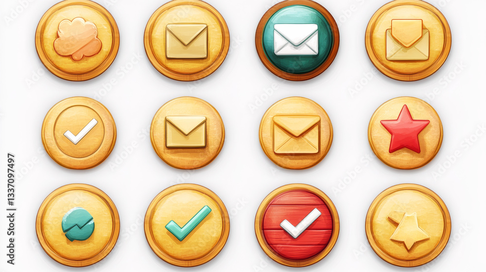 Poster circle buttons with cheese texture and symbols of search, mail, home, star, arrows, delete, check an